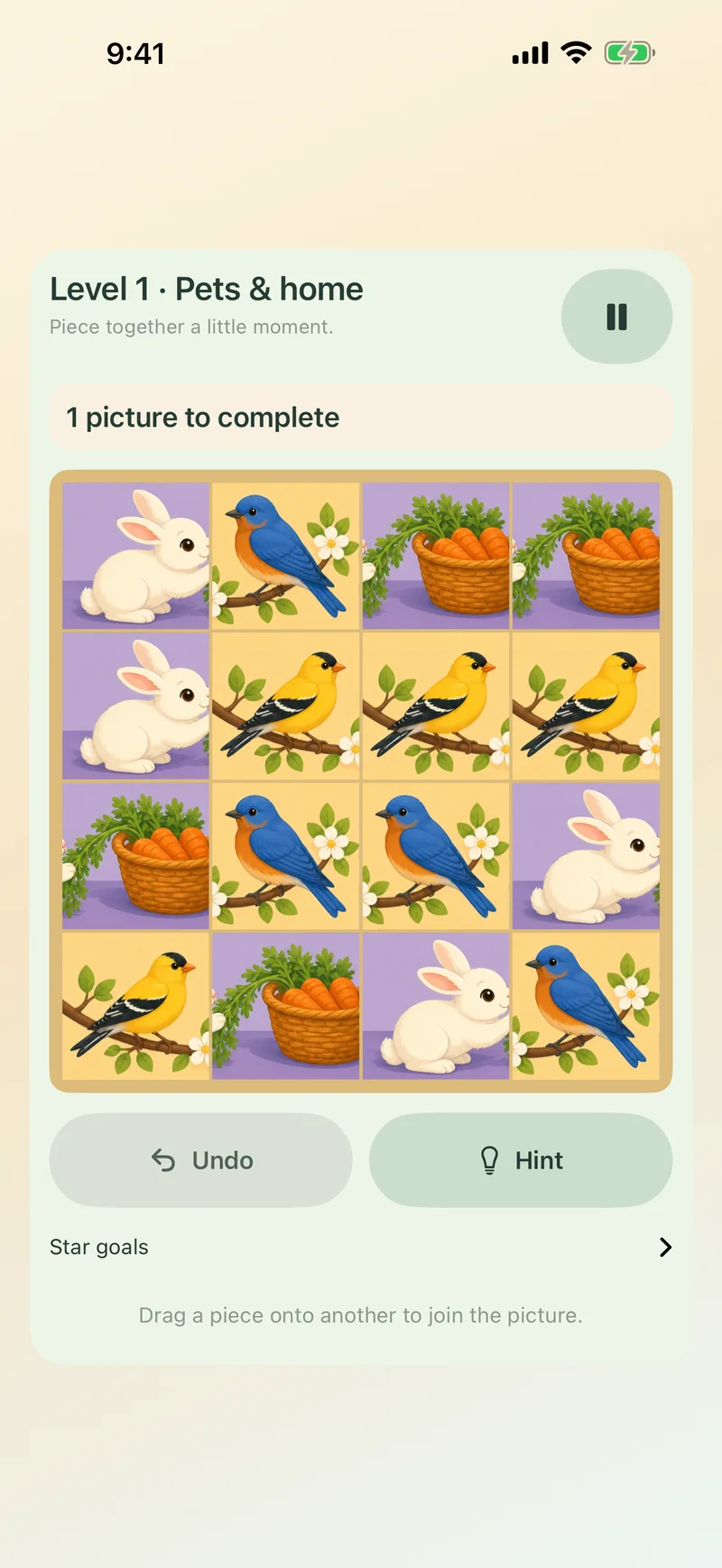 Tidy Bloom Picture Bloom game with a full four-by-four board, picture goal, and Undo and Hint controls
