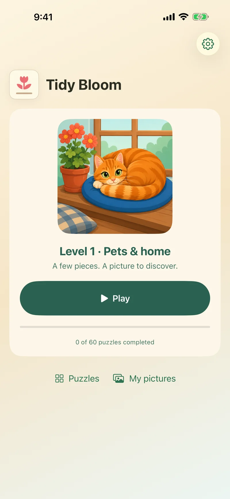 Tidy Bloom Home screen with one main Play action and Puzzles and My pictures destinations